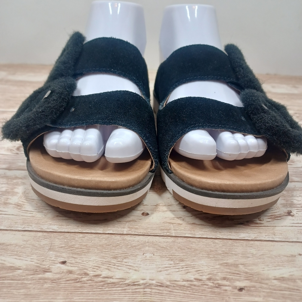 UGG Suede 2 Strap Slide On Sandals Fuzzy Buckle Women's Size 7 Black - Picture 6 of 14
